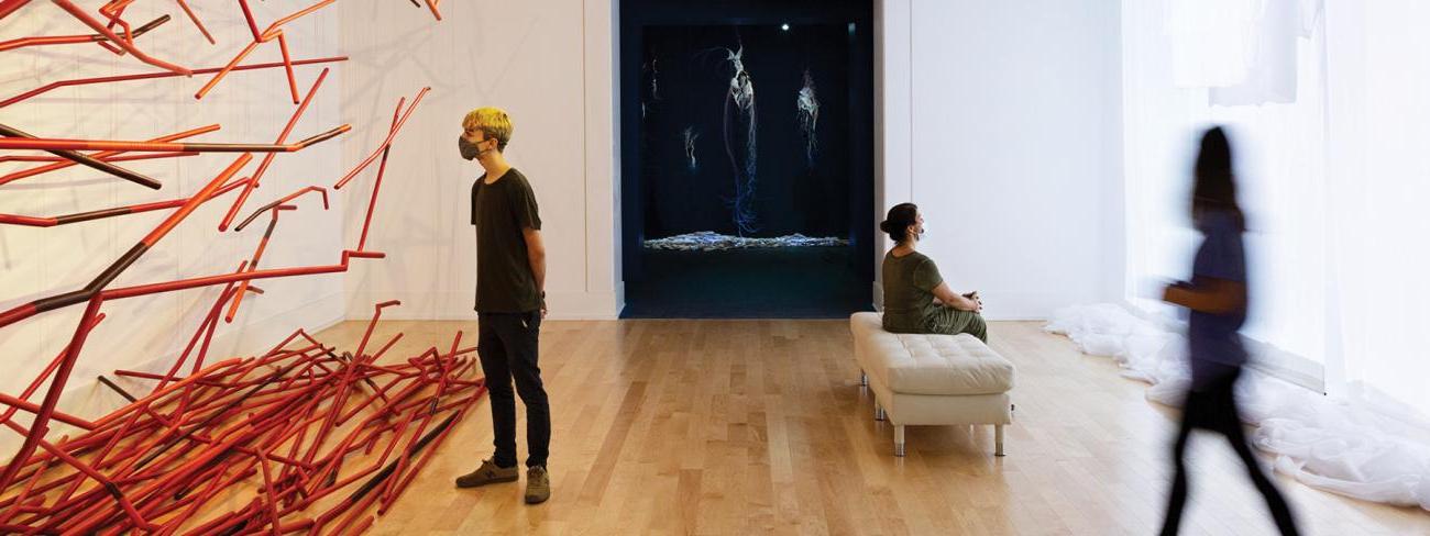 人们在画廊里欣赏艺术品. 